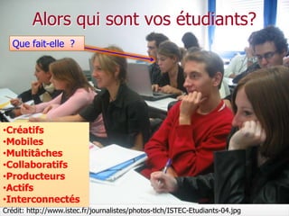 Alors qui sont vos étudiants?
   Que fait-elle ?




•Créatifs
•Mobiles
•Multitâches
•Collaboratifs
•Producteurs
•Actifs
•Interconnectés
Crédit: http://www.istec.fr/journalistes/photos-tlch/ISTEC-Etudiants-04.jpg
 