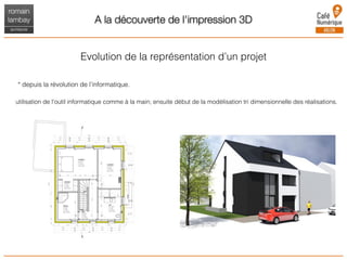 A la découverte de l'impression 3D
Evolution de la représentation d’un projet
* depuis la révolution de l’informatique.
utilisation de l’outil informatique comme à la main; ensuite début de la modélisation tri dimensionnelle des réalisations.
 