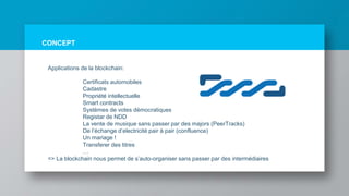 CONCEPT
Applications de la blockchain:
Certificats automobiles
Cadastre
Propriété intellectuelle
Smart contracts
Systèmes de votes démocratiques
Registar de NDD
La vente de musique sans passer par des majors (PeerTracks)
De l’échange d’electricité pair à pair (confluence)
Un mariage !
Transferer des titres
…
=> La blockchain nous permet de s’auto-organiser sans passer par des intermédiaires
 