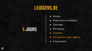 LEIDGENS.BE
            •   Design,

            •   Préparation et briefing

            •   Tournage

5 JOURS     •   Derushage,

            •   Tracking

            •   Incrustation (after effects)

            •   Compression
 
