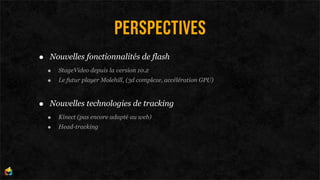 PERSPECTIVES
•   Nouvelles fonctionnalités de flash
    •   StageVideo depuis la version 10.2
    •   Le futur player Molehill, (3d complexe, accélération GPU)



•   Nouvelles technologies de tracking
    •   Kinect (pas encore adapté au web)
    •   Head-tracking
 