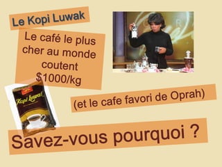 Le Kopi LuwakLe café le plus cher au mondecoutent$1000/kg(et le cafe favoride Oprah)Savez-vouspourquoi ?