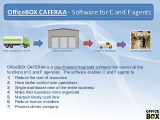 C and F warehouse
OfficeBOX CAFERAA - Software for C and F agents
From company to C and F C and F to distributor C and F warehouse
OfficeBOX CAFERAA is a cloud based integrated software that covers all the
functions of C and F agencies. The software enables C and F agents to
1) Reduce the cost of resources
2) Have better control over operations
3) Single dashboard view of the entire business
4) Make their business more organized
5) Maintain timely cash flow
6) Reduce human mistakes
7) Process driven company
 