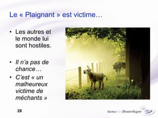 Le « Plaignant » est victime… Les autres et le monde lui sont hostiles. Il n’a pas de chance… C’est « un malheureux victime de méchants » 