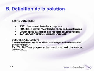 B. Définition de la solution  TÂCHE CONCRETE : AXE: directement issu des exceptions  FRANGES: élargir l’éventail des choix en brainstorming CHOIX après évaluation des rapports coûts/bénéfices TÂCHE CONCRETE en MINIMAL CHANGE VENDRE LA SOLUTION :  Comment donner envie au client de changer radicalement son comportement?  En UTILISANT ses propres moteurs (colonne de droite, valeurs, croyances,…) 