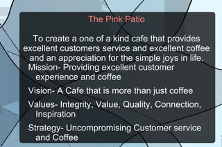 The Pink Patio To create a one of a kind cafe that provides excellent customers service and excellent coffee and an appreciation for the simple joys in life. Mission- Providing excellent customer experience and coffee 