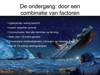 De ondergang: door een
            combinatie van factoren
• Leiderschap: weinig toezicht
• Inzicht: beperkte controle
• Communicatie: Niet alle berichten op de brug
• Geen plan: Uit koers geraakt
• Onvoorziene omstandigheden: IJsbergen op vreemde plaats
• Plan B: Te weinig reddingssloepen
 