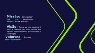 Missão: Comercializar
café, com atendimento
empático, ético e acolhedor.
Visão: Tornar-se, nos próximos 3
anos, a cafeteria com maior renome em
Itabuna, sendo referência em qualidade e
sofisticação.
Valores: Empatia,
ética e acolhimento.
 