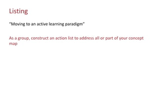 Listing
“Moving to an active learning paradigm”
As a group, construct an action list to address all or part of your concept
map
 