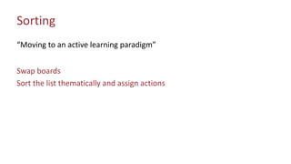 Sorting
“Moving to an active learning paradigm”
Swap boards
Sort the list thematically and assign actions
 