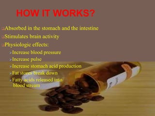 HOW IT WORKS?
Absorbed in the stomach and the intestine
Stimulates brain activity
Physiologic effects:
Increase blood pressure
Increase pulse
Increase stomach acid production
Fat stores break down
Fatty acids released into
blood stream
 