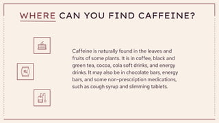 WHERE CAN YOU FIND CAFFEINE?
Caffeine is naturally found in the leaves and
fruits of some plants. It is in coffee, black and
green tea, cocoa, cola soft drinks, and energy
drinks. It may also be in chocolate bars, energy
bars, and some non-prescription medications,
such as cough syrup and slimming tablets.
 