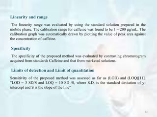 Linearity and range
The linearity range was evaluated by using the standard solution prepared in the
mobile phase. The calibration range for caffeine was found to be 1 – 200 μg/mL. The
calibration graph was automatically drawn by plotting the value of peak area against
the concentration of caffeine.
Specificity
The specificity of the proposed method was evaluated by contrasting chromatogram
acquired from standards Caffeine and that from marketed solutions.
Limits of detection and Limit of quantitation
Sensitivity of the proposed method was assessed as far as (LOD) and (LOQ)[11].
"LOD = 3 SD/S and LOQ = 10 SD /S, where S.D. is the standard deviation of y-
intercept and S is the slope of the line"
12
 