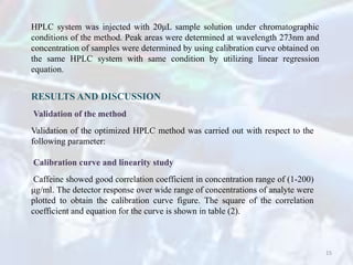HPLC system was injected with 20μL sample solution under chromatographic
conditions of the method. Peak areas were determined at wavelength 273nm and
concentration of samples were determined by using calibration curve obtained on
the same HPLC system with same condition by utilizing linear regression
equation.
RESULTS AND DISCUSSION
Validation of the method
Validation of the optimized HPLC method was carried out with respect to the
following parameter:
Calibration curve and linearity study
Caffeine showed good correlation coefficient in concentration range of (1-200)
μg/ml. The detector response over wide range of concentrations of analyte were
plotted to obtain the calibration curve figure. The square of the correlation
coefficient and equation for the curve is shown in table (2).
15
 