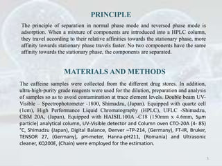 PRINCIPLE
The principle of separation in normal phase mode and reversed phase mode is
adsorption. When a mixture of components are introduced into a HPLC column,
they travel according to their relative affinities towards the stationary phase, more
affinity towards stationary phase travels faster. No two components have the same
affinity towards the stationary phase, the components are separated.
MATERIALS AND METHODS
The caffeine samples were collected from the different drug stores. In addition,
ultra-high-purity grade reagents were used for the dilution, preparation and analysis
of samples so as to avoid contamination at trace element levels. Double beam UV-
Visible – Spectrophotometer -1800, Shimadzu, (Japan). Equipped with quartz cell
(1cm), High Performance Liquid Chromatography (HPLC), UFLC -Shimadzu,
CBM 20A, (Japan), Equipped with HAISIL100A -C18 (150mm x 4.6mm, 5µm
particle) analytical column, UV-Visible detector and Column oven CTO-20A (4- 85)
°C, Shimadzu (Japan), Digital Balance, Denver –TP-214, (Germany), FT-IR, Bruker,
TENSOR 27, (Germany), pH-meter, Hanna-pH211, (Romania) and Ultrasonic
cleaner, KQ200E, (Chain) were employed for the estimation.
5
 