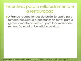 Incentivos para o reflorestamento e
a restauração
 A França recebe fundos da União Europeia para
fornecer subsídios a proprietários de terras para o
gerenciamento de florestas para biodiversidade,
recreação e outros benefícios públicos.
http://www.observatoriodoredd.org.br/site/pdf/Estudo_Florestas.pdf
 