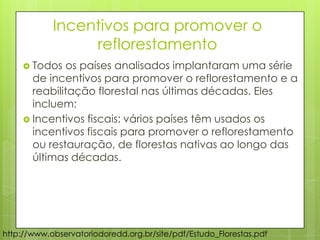 Incentivos para promover o
reflorestamento
 Todos os países analisados implantaram uma série
de incentivos para promover o reflorestamento e a
reabilitação florestal nas últimas décadas. Eles
incluem:
 Incentivos fiscais: vários países têm usados os
incentivos fiscais para promover o reflorestamento
ou restauração, de florestas nativas ao longo das
últimas décadas.
http://www.observatoriodoredd.org.br/site/pdf/Estudo_Florestas.pdf
 