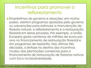 Incentivos para promover o
reflorestamento
 Empréstimos do governo e doações: em muitos
países, existem programas apoiados pelo governo
ou subvenções para estimular a manutenção da
floresta natural, o reflorestamento e a restauração
florestal em terras privadas. Por exemplo, a União
Europeia gasta centenas de milhões de euros por
ano no financiamento de restauração florestal e
em programas de replantio. Nas últimas três
décadas, a ênfase no destino dos incentivos
mudou das plantações comercias para o
financiamento de restauração de florestas nativas
com foco na biodiversidade.
http://www.observatoriodoredd.org.br/site/pdf/Estudo_Florestas.pdf
 