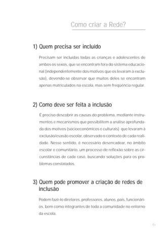 Como criar a Rede?


1) Quem precisa ser incluído
  Precisam ser incluídas todas as crianças e adolescentes de
  ambos os sexos, que se encontram fora do sistema educacio-
  nal (independentemente dos motivos que os levaram à exclu-
  são), devendo-se observar que muitos deles se encontram
  apenas matriculados na escola, mas sem freqüência regular.




2) Como deve ser feita a inclusão
  É preciso descobrir as causas do problema, mediante instru-
  mentos e mecanismos que possibilitem a análise aprofunda-
  da dos motivos (socioeconômicos e culturais) que levaram à
  exclusão/evasão escolar, observado o contexto de cada reali-
  dade. Nesse sentido, é necessário desencadear, no âmbito
  escolar e comunitário, um processo de reflexão sobre as cir-
  cunstâncias de cada caso, buscando soluções para os pro-
  blemas constatados.



3) Quem pode promover a criação de redes de
   inclusão
  Podem fazê-lo diretores, professores, alunos, pais, funcionári-
  os, bem como integrantes de toda a comunidade no entorno
  da escola.

                                                                    6
 
