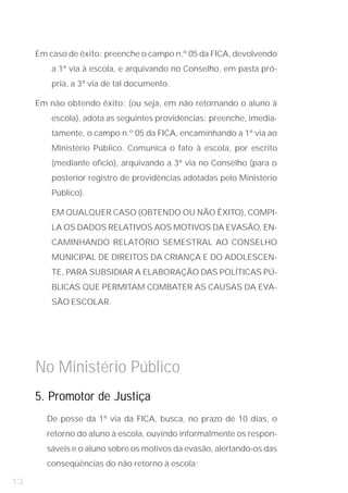 Em caso de êxito: preenche o campo n.º 05 da FICA, devolvendo
         a 1ª via à escola, e arquivando no Conselho, em pasta pró-
         pria, a 3ª via de tal documento.

     Em não obtendo êxito: (ou seja, em não retornando o aluno à
         escola), adota as seguintes providências: preenche, imedia-
         tamente, o campo n.º 05 da FICA, encaminhando a 1ª via ao
         Ministério Público. Comunica o fato à escola, por escrito
         (mediante ofício), arquivando a 3ª via no Conselho (para o
         posterior registro de providências adotadas pelo Ministério
         Público).

         EM QUALQUER CASO (OBTENDO OU NÃO ÊXITO), COMPI-
         LA OS DADOS RELATIVOS AOS MOTIVOS DA EVASÃO, EN-
         CAMINHANDO RELATÓRIO SEMESTRAL AO CONSELHO
         MUNICIPAL DE DIREITOS DA CRIANÇA E DO ADOLESCEN-
         TE, PARA SUBSIDIAR A ELABORAÇÃO DAS POLÍTICAS PÚ-
         BLICAS QUE PERMITAM COMBATER AS CAUSAS DA EVA-
         SÃO ESCOLAR.




     No Ministério Público
     5. Promotor de Justiça
       De posse da 1ª via da FICA, busca, no prazo de 10 dias, o
       retorno do aluno à escola, ouvindo informalmente os respon-
       sáveis e o aluno sobre os motivos da evasão, alertando-os das
       conseqüências do não retorno à escola;

13
 