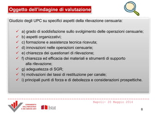 Oggetto dell’indagine di valutazione
Giudizio degli UPC su specifici aspetti della rilevazione censuaria:
 a) grado di soddisfazione sullo svolgimento delle operazioni censuarie;
 b) aspetti organizzativi;
 c) formazione e assistenza tecnica ricevuta;
 d) innovazioni nelle operazioni censuarie;
 e) chiarezza dei questionari di rilevazione;
 f) chiarezza ed efficacia dei materiali e strumenti di supporto
alla rilevazione;
 g) adeguatezza di SGR;
 h) motivazioni dei tassi di restituzione per canale;
 i) principali punti di forza e di debolezza e considerazioni prospettiche.
Napoli- 20 Maggio 2014
8
 