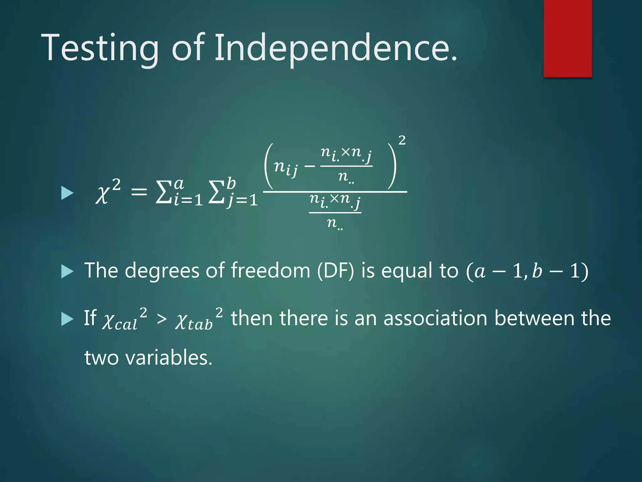 Testing of Independence.
 𝜒2
= 𝑖=1
𝑎
𝑗=1
𝑏
𝑛 𝑖𝑗 −
𝑛 𝑖.×𝑛.𝑗
𝑛..
2
𝑛 𝑖.×𝑛.𝑗
𝑛..
 The degrees of freedom (DF) is equal to (𝑎 − 1, 𝑏 − 1)
 If 𝜒 𝑐𝑎𝑙
2 > 𝜒𝑡𝑎𝑏
2 then there is an association between the
two variables.
 