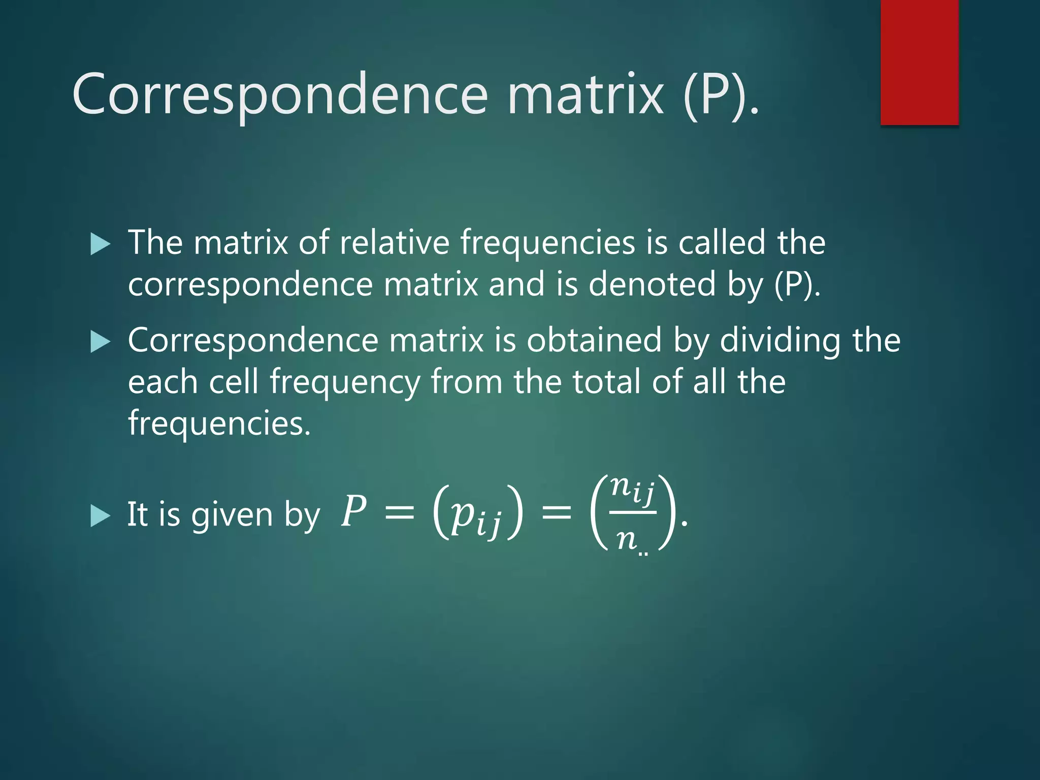 Correspondence matrix (P).
 The matrix of relative frequencies is called the
correspondence matrix and is denoted by (P).
 Correspondence matrix is obtained by dividing the
each cell frequency from the total of all the
frequencies.
 It is given by 𝑃 = 𝑝𝑖𝑗 =
𝑛 𝑖𝑗
𝑛..
.
 
