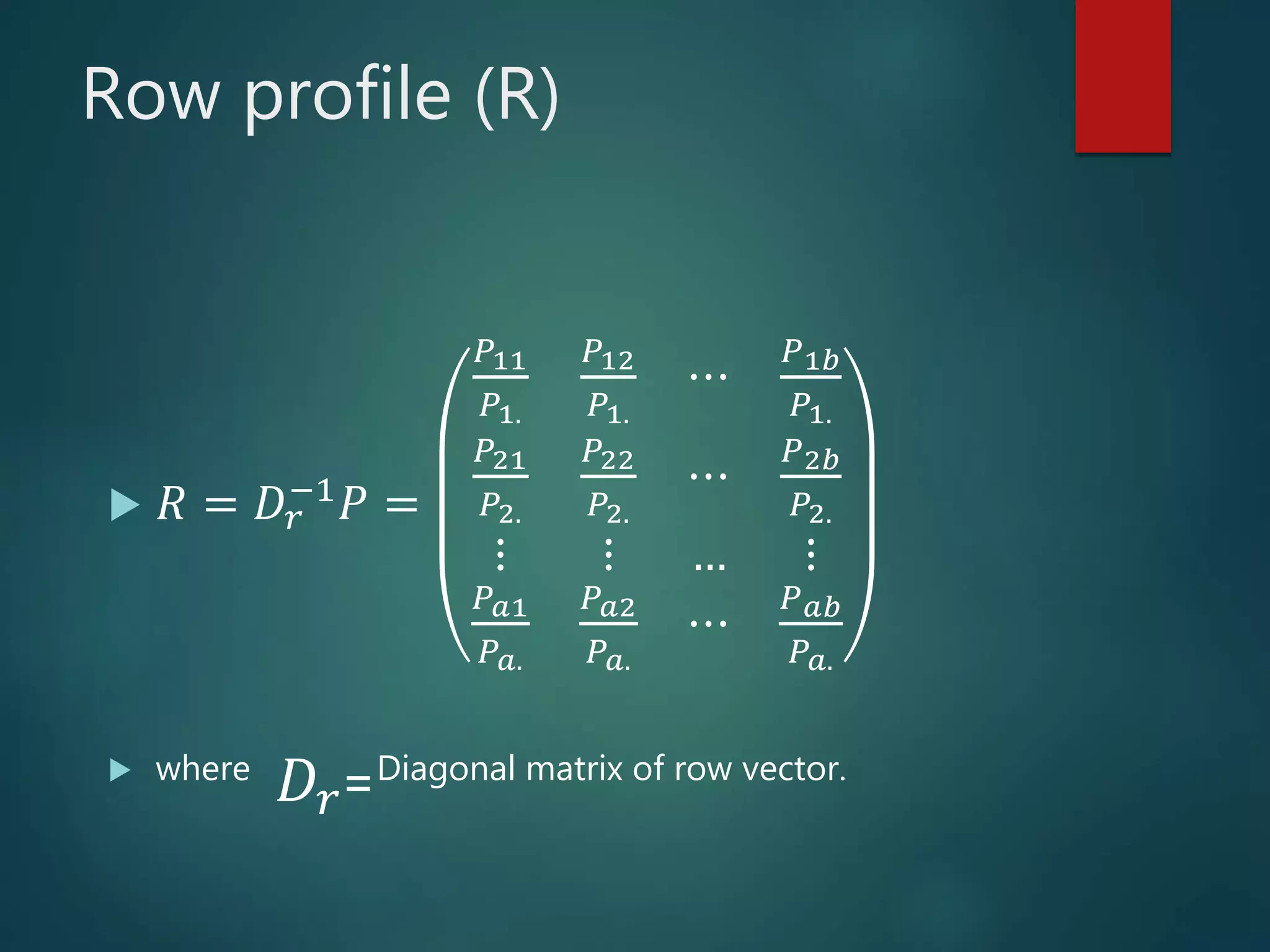 Row profile (R)
 𝑅 = 𝐷𝑟
−1
𝑃 =
𝑃11
𝑃1.
𝑃12
𝑃1.
⋯
𝑃1𝑏
𝑃1.
𝑃21
𝑃2.
𝑃22
𝑃2.
⋯
𝑃2𝑏
𝑃2.
⋮ ⋮ … ⋮
𝑃 𝑎1
𝑃 𝑎.
𝑃 𝑎2
𝑃 𝑎.
⋯
𝑃 𝑎𝑏
𝑃 𝑎.
 where Diagonal matrix of row vector.
𝐷𝑟=
 
