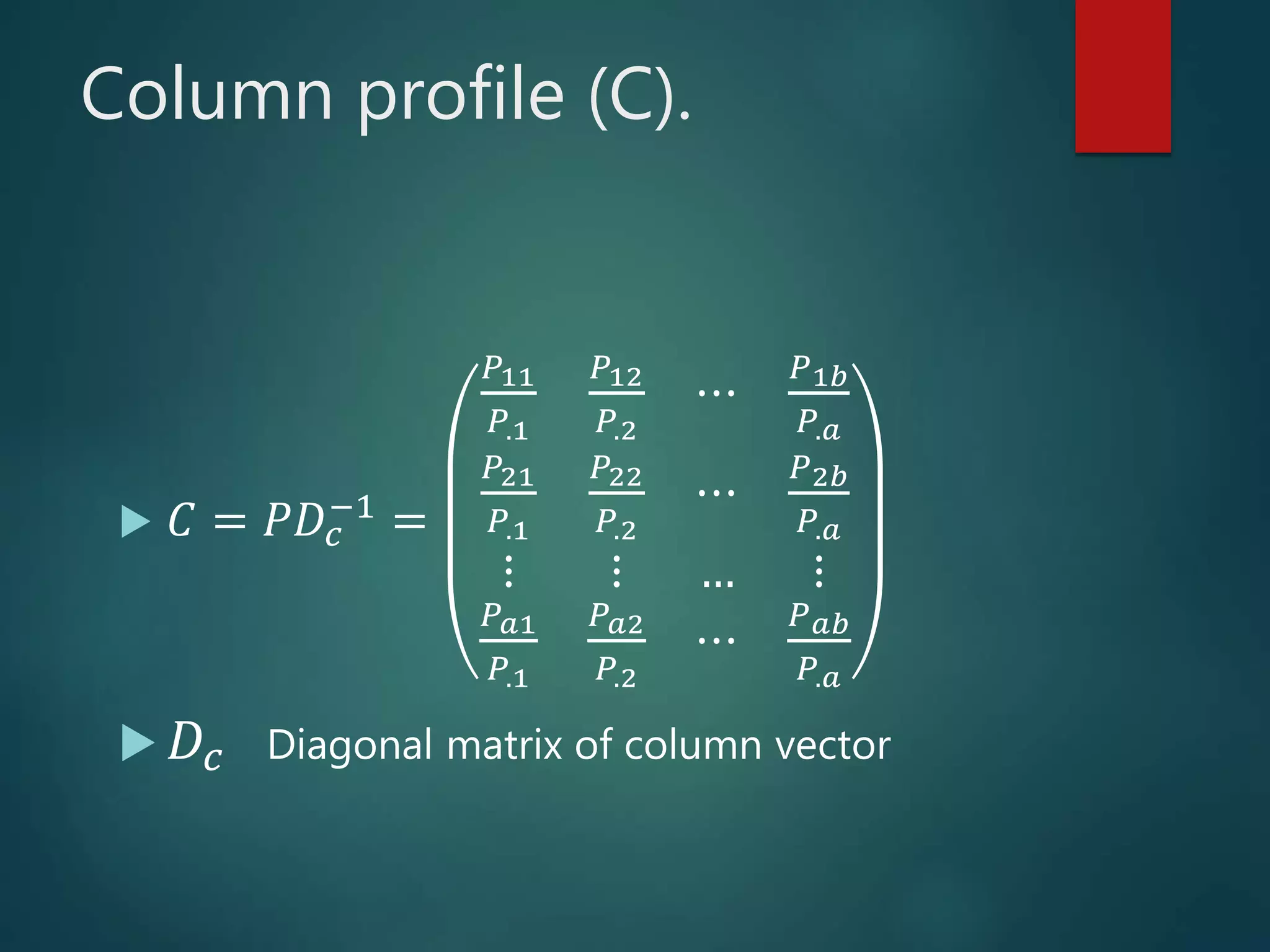 Column profile (C).
 𝐶 = 𝑃𝐷𝑐
−1
=
𝑃11
𝑃.1
𝑃12
𝑃.2
⋯
𝑃1𝑏
𝑃.𝑎
𝑃21
𝑃.1
𝑃22
𝑃.2
⋯
𝑃2𝑏
𝑃.𝑎
⋮ ⋮ … ⋮
𝑃 𝑎1
𝑃.1
𝑃 𝑎2
𝑃.2
⋯
𝑃 𝑎𝑏
𝑃.𝑎
 𝐷𝑐 Diagonal matrix of column vector
 