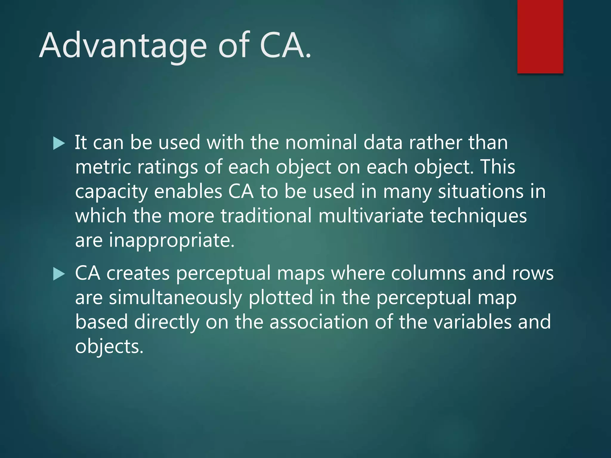 Advantage of CA.
 It can be used with the nominal data rather than
metric ratings of each object on each object. This
capacity enables CA to be used in many situations in
which the more traditional multivariate techniques
are inappropriate.
 CA creates perceptual maps where columns and rows
are simultaneously plotted in the perceptual map
based directly on the association of the variables and
objects.
 