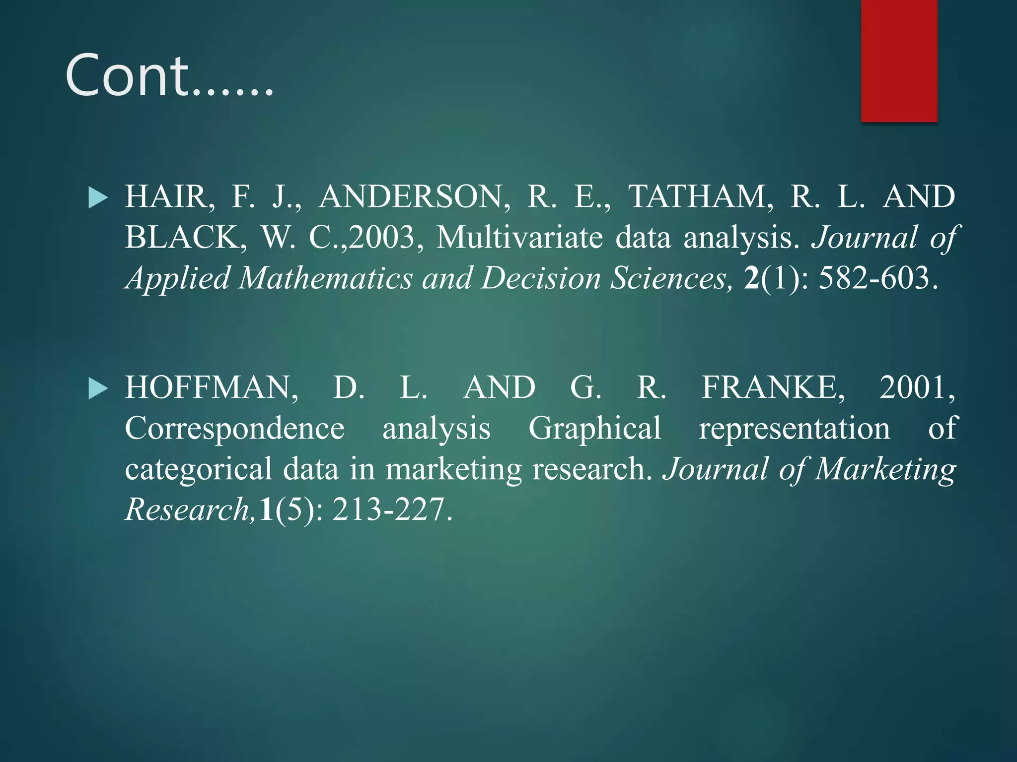 Cont……
 HAIR, F. J., ANDERSON, R. E., TATHAM, R. L. AND
BLACK, W. C.,2003, Multivariate data analysis. Journal of
Applied Mathematics and Decision Sciences, 2(1): 582-603.
 HOFFMAN, D. L. AND G. R. FRANKE, 2001,
Correspondence analysis Graphical representation of
categorical data in marketing research. Journal of Marketing
Research,1(5): 213-227.
 