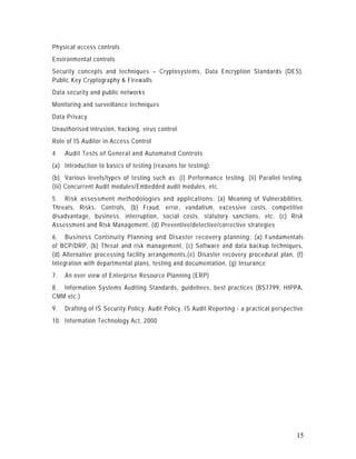 Physical access controls
Environmental controls
Security concepts and techniques – Cryptosystems, Data Encryption Standards (DES),
Public Key Cryptography & Firewalls
Data security and public networks
Monitoring and surveillance techniques
Data Privacy
Unauthorised intrusion, hacking, virus control
Role of IS Auditor in Access Control
4.   Audit Tests of General and Automated Controls
(a) Introduction to basics of testing (reasons for testing);
(b) Various levels/types of testing such as: (i) Performance testing, (ii) Parallel testing,
(iii) Concurrent Audit modules/Embedded audit modules, etc.
5. Risk assessment methodologies and applications : (a) Meaning of Vulnerabilities,
Threats, Risks, Controls, (b) Fraud, error, vandalism, excessive costs, competitive
disadvantage, business, interruption, social costs, statutory sanctions, etc. (c) Risk
Assessment and Risk Management, (d) Preventive/detective/corrective strategies
6. Business Continuity Planning and Disaster recovery planning: (a) Fundamentals
of BCP/DRP, (b) Threat and risk management, (c) Software and data backup techniques,
(d) Alternative processing facility arrangements,(e) Disaster recovery procedural plan, (f)
Integration with departmental plans, testing and documentation, (g) Insurance
7.   An over view of Enterprise Resource Planning (ERP)
8. Information Systems Auditing Standards, guidelin es, best practices (BS7799, HIPPA,
CMM etc.)
9.   Drafting of IS Security Policy, Audit Policy, IS Audit Reporting - a practical perspective
10. Information Technology Act, 2000




                                                                                            15
 