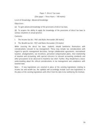 Paper 7: Direct Tax Laws
                           (One paper – Three hours – 100 marks)
Level of Knowledge: Advanced knowledge
Objectives:
(a) To gain advanced knowledge of the provisions of direct tax laws,
(b) To acquire the ability to apply the knowledge of the provisions of direct tax laws to
various situations in actual practice.
Contents:
I.    The Income-tax Act, 1961 and Rules thereunder (90 marks)
II.   The Wealth-tax Act, 1957 and Rules thereunder (10 marks)
While covering the direct tax laws, students should familiarise themselves with
considerations relevant to tax management. These may include tax c onsiderations with
regard to specific management decisions, foreign collaboration agreements, international
taxation, amalgamations, tax incentives, personnel compensation plans, inter -relationship
of taxation and accounting, with special reference to rele vant accounting standards and
other precautions to be observed to maximise tax relief. Further, they should have a basic
understanding about the ethical considerations in tax management and compliance with
taxation laws.
Note – If new legislations are enacted in place of the existing legislations relating to
income tax and wealth tax, the syllabus will accordingly include such new legislations in
the place of the existing legislations with effect from the date to be notified by the Institute.




                                                                                              16
 