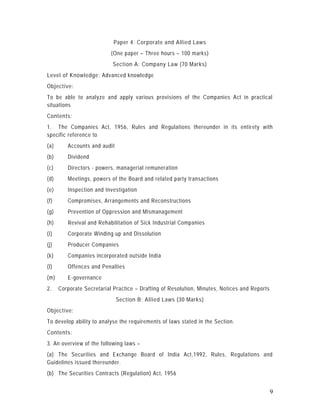 Paper 4: Corporate and Allied Laws
                           (One paper – Three hours – 100 marks)
                           Section A: Company Law (70 Marks)
Level of Knowledge: Advanced knowledge
Objective:
To be able to analyze and apply various provisions of the Companies Act in practical
situations
Contents:
1. The Companies Act, 1956, Rules and Regulations thereunder in its entir ety with
specific reference to
(a)      Accounts and audit
(b)      Dividend
(c)      Directors - powers, managerial remuneration
(d)      Meetings, powers of the Board and related party transactions
(e)      Inspection and Investigation
(f)      Compromises, Arrangements and Reconstructions
(g)      Prevention of Oppression and Mismanagement
(h)      Revival and Rehabilitation of Sick Industrial Companies
(i)      Corporate Winding up and Dissolution
(j)      Producer Companies
(k)      Companies incorporated outside India
(l)      Offences and Penalties
(m)      E-governance
2.    Corporate Secretarial Practice – Drafting of Resolution, Minutes, Notices and Reports
                              Section B: Allied Laws (30 Marks)
Objective:
To develop ability to analyse the requirements of laws stated in the Section.
Contents:
3. An overview of the following laws –
(a) The Securities and Exchange Board of India Act,1992, Rules, Regulations and
Guidelines issued thereunder.
(b) The Securities Contracts (Regulation) Act, 1956


                                                                                              9
 