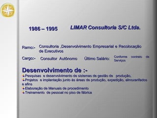 1986 – 1995 LIMAR Consultoria S/C Ltda.  Desenvolvimento de :- Pesquisas  e desenvolvimento de sistemas de gestão de  produção,  Projetos  e implantação junto às áreas de produção, expedição, almoxarifados e afins Elaboração de Manuais de procedimento Treinamento  de pessoal no piso de fábrica Ramo :- Consultoria ,Desenvolvimento Empresarial e Recolocação de Executivos Cargo :- Consultor  Autônomo Último Salário: Conforme contrato de Serviços 