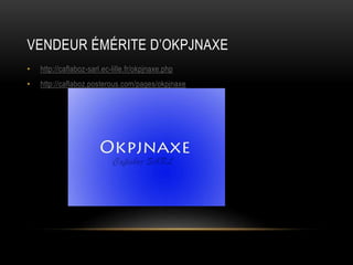 VENDEUR ÉMÉRITE D’OKPJNAXE
• http://caflaboz-sarl.ec-lille.fr/okpjnaxe.php
• http://caflaboz.posterous.com/pages/okpjnaxe
 