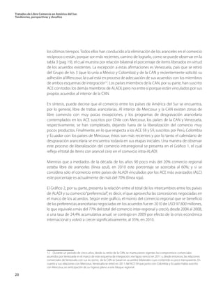 Tratados de Libre Comercio en América del Sur.
Tendencias, perspectivas y desafíos
20
los últimos tiempos. Todos ellos han conducido a la eliminación de los aranceles en el comercio
recíproco o están, porque son más recientes, camino de lograrlo, como se puede observar en la
tabla 3 (pag 19), el cual muestra por relación bilateral el porcentaje de ítems liberados en virtud
de los acuerdos existentes. La excepción a estas afirmaciones es Venezuela, país que se retiró
del Grupo de los 3 (que lo unía a México y Colombia) y de la CAN y recientemente solicitó su
adhesión al Mercosur, la cual está en proceso de adecuación de sus acuerdos con los miembros
de ambos esquemas de integración12
. Los países miembros de la CAN, por su parte, han suscrito
ACE con todos los demás miembros de ALADI, pero no entre sí porque están vinculados por sus
propios acuerdos al interior de la CAN.
En síntesis, puede decirse que el comercio entre los países de América del Sur se encuentra,
por lo general, libre de trabas arancelarias. Al interior de Mercosur y la CAN existen zonas de
libre comercio con muy pocas excepciones, y los programas de desgravación arancelaria
contemplados en los ACE suscritos por Chile con Mercosur, los países de la CAN y Venezuela,
respectivamente, se han completado, dejando fuera de la liberalización del comercio muy
pocos productos. Finalmente, en lo que respecta a los ACE 58 y 59, suscritos por Perú, Colombia
y Ecuador con los países de Mercosur, éstos son más recientes y por lo tanto el calendario de
desgravación arancelaria se encuentra todavía en sus etapas iniciales. Una manera de observar
este proceso de liberalización del comercio intrarregional se presenta en el Gráfico 1, el cual
refleja el total de ítems con arancel cero en el comercio intra-ALADI.
Mientras que a mediados de la década de los años 90 poco más del 20% comercio regional
estaba libre de aranceles (línea azul), en 2010 este porcentaje se acercaba al 60%; y si se
considera solo el comercio entre países de ALADI vinculados por los ACE más avanzados (ALC)
este porcentaje es actualmente de más del 70% (línea roja).
El Gráfico 2, por su parte, presenta la relación entre el total de los intercambios entre los países
de ALADI y su comercio“preferencial”, es decir, el que aprovecha las concesiones negociadas en
el marco de los acuerdos. Según este gráfico, el monto del comercio regional que se benefició
de las preferencias arancelarias negociadas en los acuerdos fue en 2010 de USD 97.800 millones,
lo que equivale a más del 77% del total del comercio inter-regional y creció, desde 2004 al 2008,
a una tasa de 24,4% acumulativa anual; se contrajo en 2009 por efecto de la crisis económica
internacional y volvió a crecer significativamente, al 35%, en 2010.
12  Durante un período de cinco años, desde su retiro de la CAN, se mantuvieron vigentes los compromisos comerciales
asumidos por Venezuela en el marco de este esquema de integración; ese lapso venció en 2011 y, desde entonces, las relaciones
comerciales de Venezuela con sus ex socios de la CAN se basan en acuerdos bilaterales cuyo contenido es poco transparente. En
cuanto a sus relaciones con Mercosur, Venezuela se retiró en 2011 del ACE 59 que junto con Colombia y Ecuador había suscrito
con Mercosur, en anticipación de su ingreso pleno a este bloque regional.
 