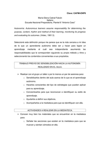 Clave: CAFMI-ENP6

                           María Elena Cabral Falcón
                                     Italiano
              Escuela Nacional Preparatoria, Plantel 6 “Antonio Caso”

Autonomía: Autonomous learners assume responsability for determining the
purpose, content, rhythm and method of their learning, monitoring its progress
and evaluating its outcomes. (Holec, 1981:3)


Seleccioné esta definición porque me parece que es la más cercana a mi idea
de lo que un aprendiente autónomo debe ser y hacer para lograr un
aprendizaje     mediante      el   cuál   sea   independiente   asumiendo    las
responsabilidades que le corresponden siguiendo su propio método y ritmo y
seleccionando los contenidos convenientes a sus propósitos.


     TRABAJO PREVIO DE SENSIBILIZACIÓN HACIA LA AUTONOMÍA
                              REALIZADO EN EL AULA.


    Realizar con el grupo un taller o por lo menos un par de sesiones para:
          o Sensibilizarlos dentro del aula acerca de lo que es el aprendizaje
               autónomo.
          o Hacerlos conscientes del tipo de estrategias que pueden aplicar
               para su aprendizaje.
          o Concientizarlos para que reconozcan e identifiquen su estilo de
               aprendizaje.
          o Ayudarlos a definir sus objetivos.
          o Acompañarlos a la mediateca para que se identifiquen con ella.


                ACTIVIDADES A REALIZAR EN LA MEDIATECA.
    Conocer muy bien los materiales que se encuentran en la mediateca
      para:
          o Señalar las secciones que existen en la mediateca para que se
               muevan y sientan cómodos en ella.
 