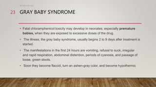 GRAY BABY SYNDROME
• Fatal chloramphenicol toxicity may develop in neonates, especially premature
babies, when they are exposed to excessive doses of the drug.
• The illness, the gray baby syndrome, usually begins 2 to 9 days after treatment is
started.
• The manifestations in the first 24 hours are vomiting, refusal to suck, irregular
and rapid respiration, abdominal distention, periods of cyanosis, and passage of
loose, green stools.
• Soon they become flaccid, turn an ashen-gray color, and become hypothermic
DR WAF JUNE 2021
23
 