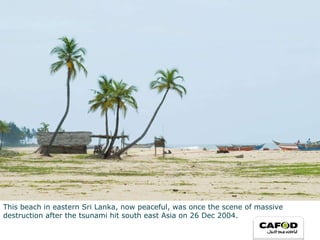 This beach in eastern Sri Lanka, now peaceful, was once the scene of massive destruction after the tsunami hit south east Asia on 26 Dec 2004. 