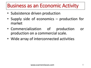 www.scannerclasses.com
Business as an Economic Activity
• Subsistence driven production
• Supply side of economics – production for
market
• Commercialization of production or
production on a commercial scale.
• Wide array of interconnected activities
32
 