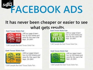 FACEBOOK ADS 
It has never been cheaper or easier to see 
what gets results. 
 