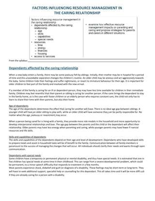 FACTORS INFLUENCING RESOURCE MANAGEMENT IN
THE CARING RELATIONSHIP
From the syllabus:
Dependants affected by the caring relationship
When a new baby enters a family, there may be some jealousy felt by siblings. Initially, their mother may be in hospital for a period
of time and this unavoidable separation changes the children’s routine. An older child may be anxious and act aggressively towards
the baby. Some children hide their feelings and suffer nightmares, or revert to immature behaviour for their age. It is important for
older children to feel part of the family and involved with the new arrival.
If a member of the family is caring for an ill or dependent person, they may have less time available for children in their immediate
family. Children may feel resentful that their parent or sibling is caring for another person. If the carer brings the dependant to stay
in the family home, as is the case with foster children or an elderly person who requires constant care, the child not only has to
learn to share their time with their parents, but also their home.
Age of dependants
The age of the dependants determines the effect that caring for another will have. There is no ideal age gap between siblings. A
younger child will have an older sibling to play with, while an older child will have someone they can be partly responsible for. No
matter what the age, jealousy or resentment may occur.
When a person being cared for is living with a family, they provide more role models in the household and more opportunity to
develop interpersonal relationships and love. The age gap between the parents and the child or the dependant will affect their
relationship. Older parents may have less energy when parenting and caring, while younger parents may have fewer fi nancial
resources and life skills.
Skills and capabilities of dependants
The skills and capabilities of the dependants depend on their age and level of development. Dependants who have developed skills
to prepare meals and assist in household tasks will be of benefit to the family. Communication between all family members is
paramount to the success of managing the changes that will occur. All individuals should clarify their needs and wants through open
communication.
Dependants with special needs
Some children have a temporary or permanent physical or mental disability, and thus have special needs. It is estimated that one in
five children has special needs at some time in their childhood. This can range from a severe developmental problem, which could
be permanent, to a minor speech difficulty that responds to treatment in a few months.
Most parents experience shock, disbelief and guilt on diagnosis of a disability. These feelings may be short-term or long-term. They
will have to seek additional support, specialist help or counselling for this dependant. This all takes time and it will be more diffi cult
if they are already caring for a person with a disability.
 