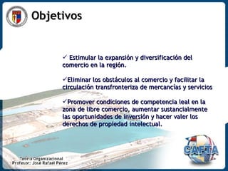 Objetivos Estimular la expansión y diversificación del comercio en la región. Eliminar los obstáculos al comercio y facilitar la circulación transfronteriza de mercancías y servicios Promover condiciones de competencia leal en la zona de libre comercio, aumentar sustancialmente las oportunidades de inversión y hacer valer los derechos de propiedad intelectual.  