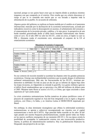 nacional; porque se nos quiere hacer creer que no importa dónde se produzca mientras
tengamos con que comprarla en el exterior. Pero resulta que ese criterio desconoce el
riesgo al que se ve sometida una nación que se vea forzada a importar toda la
alimentación de su pueblo. Es un asunto de soberanía.

Algunos gestos del gobierno se explican en buena medida por el cambio en el panorama
internacional, marcado por la declinación de la economía norteamericana, acosada por
indicadores recesivos como la desocupación en ascenso, el achatamiento del consumo y
el estancamiento de la inversión privada y pública, y lo más grave: la perspectiva de una
huida mundial generalizada desde el dólar hacia monedas relativamente más fuertes
como el euro. En el año 2003 no sólo los EE.UU., están en crisis, el Japón ve caer su
PIB y Alemania ronda el crecimiento cero, arrastrando al conjunto de la UE al
estancamiento económico.

                               Dinamismo Económico Comparado
                              (porcentajes de incremento medio anual)
                       1960-1969      1969-1979      1990-1995      1995-2000   1990-2000
                                 Producto Interno Bruto (PIB)
Estados Unidos            4.6              3.3           2.4           4.1         3.2
Japón                     10.2             5.2           1.7           0.8         1.3
Alemania                  4.4              3.6           2.0           1.7         2.0
Euro-12                   5.3              3.7           1.6           2.5         2.0
                                        PIB per cápita
Estados Unidos             3.3           2.5             1.3          3.4          2.3
Japón                      9.0           3.4             1.1          1.1          1.1
Alemania                   3.5           2.8             7.0          1.6          4.3
Fuente : R. Brenner, (2003), p.72.

En ese contexto de recesión mundial se acentúan las disputas entre las grandes potencias
económicas. Emerge una multipolaridad económica que no puede ahogar el militarismo
unilateral norteamericano. Más aún, las bravuconadas de los EE.UU., terminan por
demostrar su debilidad. En Irak no pasa un día sin que se informe de alguna baja entre
las tropas invasoras, en Afganistán se extiende la guerrilla. Los gastos militares agravan
el déficit fiscal estadounidense que se aproxima a los 400 mil millones de dólares para
el 2003. Mientras tanto Rusia se acerca a la UE y a China, que sigue creciendo a tasas
superiores al 7 por ciento anual.

La crisis económica norteamericana facilita tentativas de países periféricos como el
proyecto de cooperación regional en Asia del Este integrando a los ex tigres y dragones
asiáticos, con China y la India, y en América Latina el MERCOSUR impulsado por
Brasil.

Sin embargo, la clase dominante nicaragüense que olfatea la enfermedad económica
norteamericana, se apresta a sobrevivir recomponiendo sus vínculos con el capital
norteamericano a través del CAFTA. Algo parecido había ocurrido en los años 30 del
siglo pasado con nuestra burguesía pronorteamericana, cuando apostó todas sus fichas
en los nuevos casilleros emergentes de ese momento (EE.UU.). En esa época existía la
posibilidad de acompañar la readecuación externa con una reconversión productiva
interna, la política de industrialización sustitutiva. Hoy la globalización financiera ha
bloqueado una perspectiva de ese tipo.



                                                                                         122
 