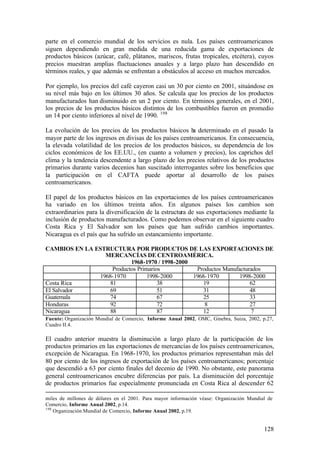 parte en el comercio mundial de los servicios es nula. Los países centroamericanos
siguen dependiendo en gran medida de una reducida gama de exportaciones de
productos básicos (azúcar, café, plátanos, mariscos, frutas tropicales, etcétera), cuyos
precios muestran amplias fluctuaciones anuales y a largo plazo han descendido en
términos reales, y que además se enfrentan a obstáculos al acceso en muchos mercados.

Por ejemplo, los precios del café cayeron casi un 30 por ciento en 2001, situándose en
su nivel más bajo en los últimos 30 años. Se calcula que los precios de los productos
manufacturados han disminuido en un 2 por ciento. En términos generales, en el 2001,
los precios de los productos básicos distintos de los combustibles fueron en promedio
un 14 por ciento inferiores al nivel de 1990. 198

La evolución de los precios de los productos básicos h determinado en el pasado la
                                                          a
mayor parte de los ingresos en divisas de los países centroamericanos. En consecuencia,
la elevada volatilidad de los precios de los productos básicos, su dependencia de los
ciclos económicos de los EE.UU., (en cuanto a volumen y precios), los caprichos del
clima y la tendencia descendente a largo plazo de los precios relativos de los productos
primarios durante varios decenios han suscitado interrogantes sobre los beneficios que
la participación en el CAFTA puede aportar al desarrollo de los países
centroamericanos.

El papel de los productos básicos en las exportaciones de los países centroamericanos
ha variado en los últimos treinta años. En algunos países los cambios son
extraordinarios para la diversificación de la estructura de sus exportaciones mediante la
inclusión de productos manufacturados. Como podemos observar en el siguiente cuadro
Costa Rica y El Salvador son los países que han sufrido cambios importantes.
Nicaragua es el país que ha sufrido un estancamiento importante.

CAMBIOS EN LA ESTRUCTURA POR PRODUCTOS DE LAS EXPORTACIONES DE
                 MERCANCÍAS DE CENTROAMÉRICA.
                           1968-1970 / 1998-2000
                    Productos Primarios           Productos Manufacturados
               1968-1970          1998-2000      1968-1970        1998-2000
Costa Rica         81                 38             19               62
El Salvador        69                 51             31               48
Guatemala          74                 67             25               33
Honduras           92                 72             8                27
Nicaragua          88                 87             12               7
Fuente: Organización Mundial de Comercio, Informe Anual 2002, OMC, Ginebra, Suiza, 2002, p.27,
Cuadro II.4.

El cuadro anterior muestra la disminución a largo plazo de la participación de los
productos primarios en las exportaciones de mercancías de los países centroamericanos,
excepción de Nicaragua. En 1968-1970, los productos primarios representaban más del
80 por ciento de los ingresos de exportación de los países centroamericanos; porcentaje
que descendió a 63 por ciento finales del decenio de 1990. No obstante, este panorama
general centroamericanos encubre diferencias por país. La disminución del porcentaje
de productos primarios fue especialmente pronunciada en Costa Rica al descender 62

miles de millones de dólares en el 2001. Para mayor información véase: Organización Mundial de
Comercio, Informe Anual 2002, p.14.
198
    Organización Mundial de Comercio, Informe Anual 2002, p.19.


                                                                                          128
 