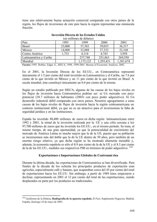 tiene una relativamente buena actuación comercial comparada con otros países de la
región, los flujos de inversiones de este país hacia la región representan una minúscula
fracción.

                      Inversión Directa de los Estados Unidos
                               (en millones de dólares)
País                          1995            1999         2000                        2001
Brasil                       23,000          37,383       39,033                      36,317
México                       14,000          32,888       37,332                      52,168
Centro América                1,731           4,114        4,743                       3,958
Latinoamérica y Caribe                      237,748      251,863                     269,550
Mundial                                    1,173,122    1,293,431                   1,381,674
Fuente: 1995: Robles, Edgar A., SIECA, 1998; 1999-2001: Bureau of Economic Analysis, 2002.

En el 2001, la Inversión Directa de los EE.UU., en Centroamérica representó
únicamente el 1.5 por ciento del total invertido en Latinoamérica y el Caribe, un 7.6 por
ciento de lo que invirtió en México y un 11 por ciento de lo que invirtió en Brasil. A
escala mundial, ésta constituyó únicamente un 0.4 por ciento de la misma.

Según un estudio publicado por SIECA, algunas de las causas de los bajos niveles en
los flujos de inversión hacia Centroamérica podrían ser: a) Un mercado con poco
potencial (38.7 millones de habitantes (2003) con poco poder adquisitivo). b) Un
desarrollo industrial débil comparado con otros países. Nosotros agregaríamos a estas
causas de los bajos niveles de flujos de inversión hacia la región centroamericana un
contexto institucional débil, ya que no es un atractivo para el inversionista la falta de
seguridad jurídica y en las instituciones.

España ha invertido 80,400 millones de euros en dicha región latinoamericana entre
1992 y 2001, la mitad de la inversión realizada por la UE y una cifra cercana a los
97,700 millones de euros que ha invertido los EE.UU., en el mismo período. Se trata, al
mismo tiempo, de una gran oportunidad, ya que la potencialidad de crecimiento del
mercado de América Latina es mucho mayor que la de la UE, puesto que su población
se incrementara más del doble que la de la UE dentro de 50 años, pero también de un
enorme riesgo relativo, ya que dicha región se ha mostrado altamente inestable y,
además, la economía española es sólo el 8.9 por ciento de la de la UE y el 8.3 por ciento
de la de los EE.UU., medidos sus respectivos PIB en términos de poder adquisitivo. 244

              Exportaciones e Importaciones Globales de Centroamé rica

Durante la última década, las exportaciones de Centroamérica se han diversificado. Para
finales de la década de los ochenta los principales productos de exportación eran
agrícolas, especialmente café y banano, que acaparaban cerca del 45 por ciento del total
de exportaciones hacia los EE.UU. Sin embargo, a partir de 1989 éstos empezaron a
declinar, representando en 2001 el 12 por ciento del total de las exportaciones, siendo
desplazados en parte por los productos no tradicionales.




244
   Guillermo de la Dehesa, Radiografía de la apuesta española, El País, Suplemento Negocios, Madrid,
España, domingo 18 de mayo de 2003.


                                                                                               169
 