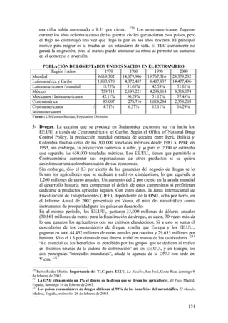 esa cifra había aumentado a 8.31 por ciento. 250 Los centroamericanos fluyeron
      durante los años ochenta a causa de las guerras civiles que asolaron esos países, pero
      el flujo no disminuyó una vez que llegó la paz en los años noventa. El principal
      motivo para migrar es la brecha en los estándares de vida. El TLC ciertamente no
      parará la migración, pero al menos puede aminorar su ritmo al permitir un aumento
      en el comercio e inversión.

      POBLACIÓN DE LOS ESTADOS UNIDOS NACIDA EN EL EXTRANJERO
           Región / Años            1970     1980       1990       2000
Mundial                        9,619,302 14,079,906 19,767,316 28,379,232
Latinoamérica y Caribe         1,803,970  4,372,487  8,407,837 14,477,496
Latinoamericanos / mundial        18.75%   31.05%     42.53%     51.01%
México                           759,711  2,199,221  4,298,014  8,318,174
Mexicanos / latinoamericanos      42.11%   50.29%     51.12%     57.45%
Centroamérica                     85,007    278,716  1,018,284  2,358,203
Centroamericanos             /     4.71%    6.37%     12.11%     16.29%
latinoamericanos
Fuente: US Census Bureau, Population División.

3- Drogas. La cocaína que se produce en Sudamérica encuentra su vía hacia los
   EE.UU. a través de Centroamérica o el Caribe. Según el Office of National Drug
   Control Policy, la producción mundial estimada de cocaína entre Perú, Bolivia y
   Colombia fluctuó cerca de las 300.000 toneladas métricas desde 1987 a 1994; en
   1995, sin embargo, la producción comenzó a subir, y ya para el 2000 se estimaba
   que superaba las 650.000 toneladas métricas. Los EE.UU., tienen que permitirle a
   Centroamérica aumentar sus exportaciones de otros productos si se quiere
   desestimular una colombianización de sus economías.
   Sin embargo, sólo el 1.3 por ciento de las ganancias del negocio de drogas se lo
   llevan los agricultores que se dedican a cultivos clandestinos, lo que equivale a
   1,200 millones de euros anuales. Un aumento del 2 por ciento en la ayuda mundial
   al desarrollo bastaría para compensar el déficit de estos campesinos si prefirieran
   dedicarse a productos agrícolas legales. Con estos datos, la Junta Internacional de
   Fiscalización de Estupefacientes (JIFE), dependiente de la ONU, echa por tierra, en
   el Informe Anual de 2002 presentado en Viena, el mito del narcotráfico como
   instrumento de prosperidad para los países en desarrollo.
   En el mismo período, los EE.UU., gastaron 33,000 millones de dólares anuales
   (30,561 millones de euros) para la fiscalización de drogas, es decir, 30 veces más de
   lo que ganaron los agricultores con sus cultivos clandestinos. Si a esto se suma el
   desembolso de los consumidores de drogas, resulta que Europa y los EE.UU.,
   pagaron en total 44,452 millones de euros anuales por cocaína y 29,635 millones por
   heroína. Sólo el 1.3 por ciento de este dinero acabó en manos de los cultivadores. 251
   “Lo esencial de los beneficios es percibido por los grupos que se dedican al tráfico
   en distintos niveles de la cadena de distribución” en los EE.UU., y en Europa, los
   dos principales “mercados mundiales”, añade la agencia de la ONU con sede en
   Viena. 252

250
    Pablo Rodas Martín, Importancia del TLC para EEUU, La Nación, San José, Costa Rica, domingo 9
de febrero de 2003.
251
     La ONU cifra en sólo un 1% el dinero de la droga que se llevan los agricultores, El País, Madrid,
España, domingo 16 de febrero de 2003.
252
     Los países consumidores de drogas obtienen el 98% de los beneficios del narcotráfico, El Mundo,
Madrid, España, miércoles 26 de febrero de 2003.


                                                                                                 174
 