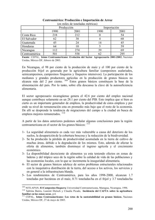 Centroamérica: Producción e Importación de Arroz
                         (en miles de toneladas métricas)
                          Producción                         Importación
                    1990               2001             1990             2001
Costa Rica           218                212                0               54
El Salvador           62                 38                4               68
Guatemala             45                 24               14               45
Honduras              64                 10                5               59
Nicaragua            112                274               39               69
Centroamérica        501                558               62              295
Fuente : CEPAL, Istmo Centroamericano: Evolución del Sector Agropecuario 2001-2002, Naciones
Unidas, México DF, febrero de 2003.

En Nicaragua, el 98 por ciento de la producción de maíz y el 100 por ciento de la
producción frijol es generada por la agricultura familiar (campesinos asalariados,
semicampesinos, campesinos finqueros y finqueros intensivos). La participación de los
medianos y grandes productores agrícolas en la producción de granos básicos no
alcanza más del 2 por ciento. 309 Estos granos básicos constituyen la base de la
alimentación del país. Por lo tanto, sobre ella descansa la clave de la autosuficiencia
alimentaria.

El sector agropecuario nicaragüense genera el 42.6 por ciento del empleo nacional
aunque contribuye solamente en un 28.1 por ciento del PIB. Esto implica que si bien es
cierto es un importante generador de empleos, la productividad de estos empleos y por
ende su nivel de remuneración esta en promedio más bajo que el resto de la economía.
De allí se desprende la tendencia de migraciones del campo a la ciudad en busca de
empleos mejores remunerados. 310

A partir de los datos anteriores podemos señalar algunas conclusiones para la región
centroamericana en el sector de los granos básicos: 311

1- La seguridad alimentaria es cada vez más vulnerable a causa del deterioro de los
   suelos, la desaparición de la cobertura boscosa y la reducción de la biodiversidad.
2- Se ha producido la pérdida de productividad acumulada en la tierra de cultivo de
   muchas áreas, debido a la degradación de los mismos. Esto, además de afectar la
   oferta de alimentos, también disminuye el ingreso agrícola y el crecimiento
   económico.
3- La disponibilidad decreciente de alimentos ya esta teniendo efectos en zonas de
   laderas y del trópico seco de la región sobre la calidad de vida de las poblaciones y
   las economías locales, con lo que se incrementa la inseguridad alimentaria.
4- El sector de granos básicos adolece de serios problemas estructurales relacionados
   con la inequitativa distribución de la tierra, del acceso a los activos, los servicios y
   en general a la infraestructura blanda.
5- Los rendimientos de Centroamérica, para los años 1998-2000, alcanzan 1.7
   toneladas por hectáreas en el maíz, 0.71 toneladas/ha en el frijol y 3.7 toneladas/ha

309
    NITLAPAN, El Campesino finquero, Universidad Centroamericana, Managua, Nicaragua, 1996.
310
    Sabrina Baires, Laurent Dietsch y Claudia Picado, Incidencia del CAFTA sobre la agricultura
familiar en las zonas secas, p.4.
311
    CEPAL, Istmo Centroamericano: Los retos de la sustentabilidad en granos básicos, Naciones
Unidas, México DF, 27 de mayo de 2003.


                                                                                           200
 