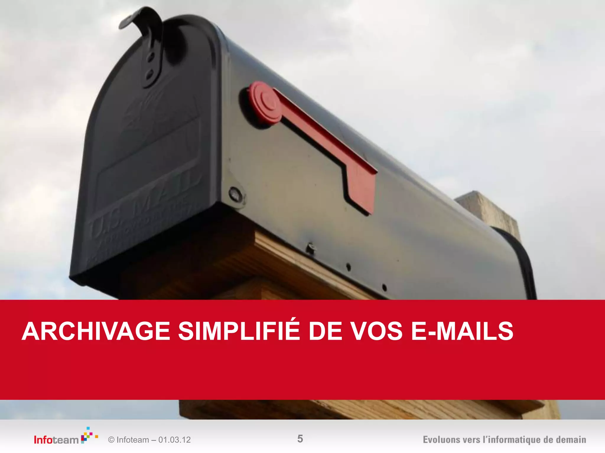 ARCHIVAGE SIMPLIFIÉ DE VOS E-MAILS



     © Infoteam – 01.03.12   5
 